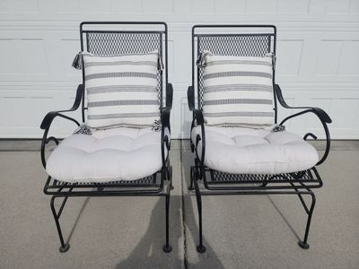 MID CENTURY MODERN WOODARD UPTOWN COIL SPRING METAL ROCKER PATIO PORCH CHAIRS w/ CUSHIONS QUALITY!