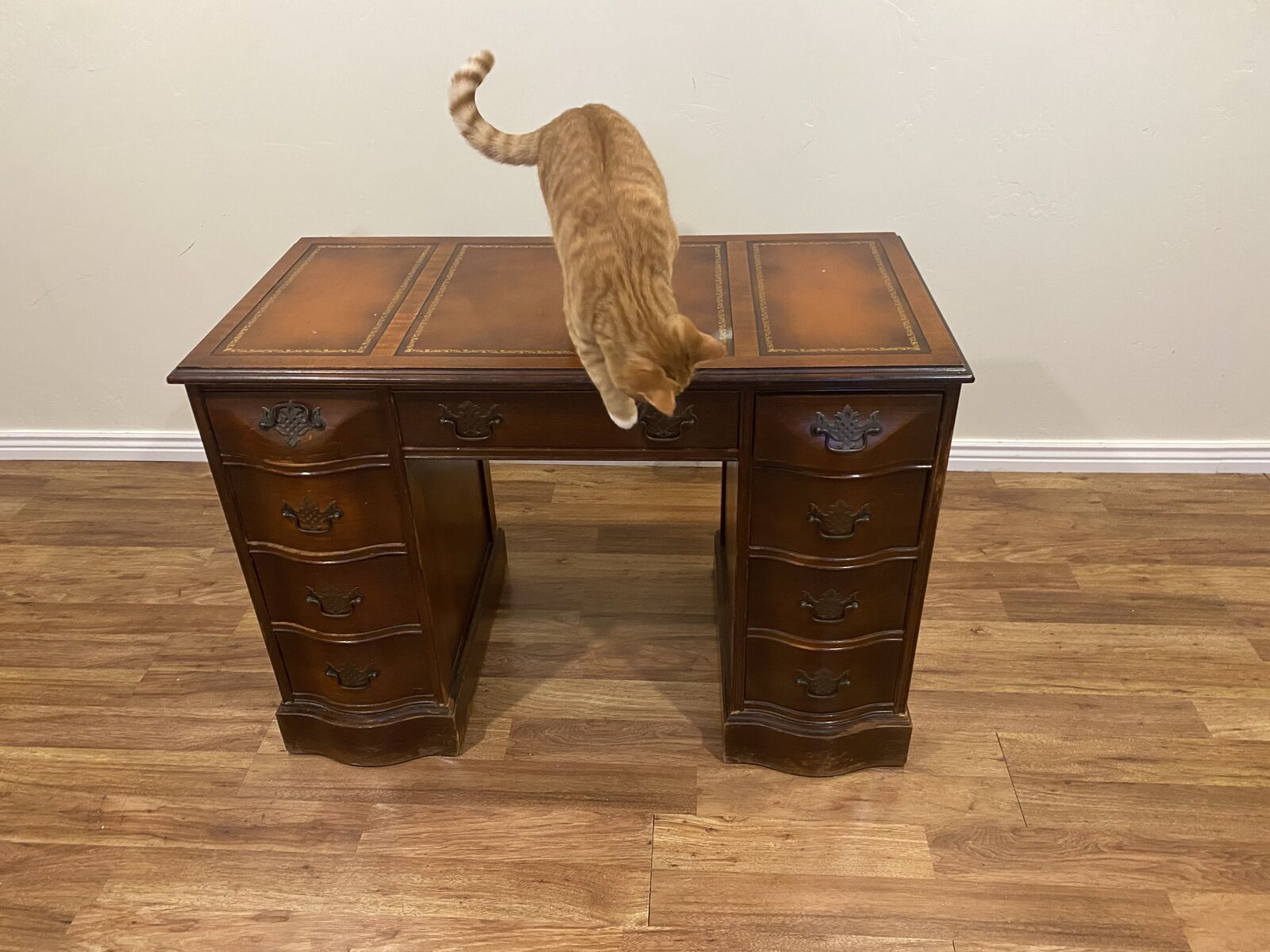 Vintage Serpentine Writing Desk - Leather Top & 8 Drawers