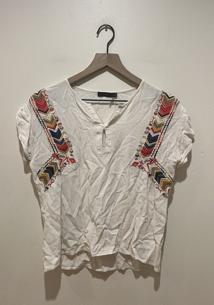 THML Beige Linen Embroidered Short Sleeved Shirt