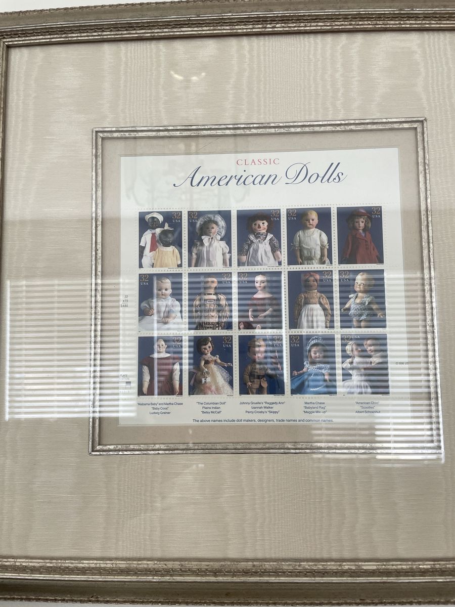 Framed Classic American Dolls 32-Cent Stamp Sheet with Historical Doll Images