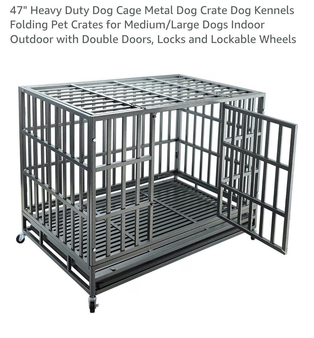 47" Heavy Duty rolling Folding Metal Dog Crate Kennel w/ Double Doors & Lockable Wheels for Medium/Large Dogs