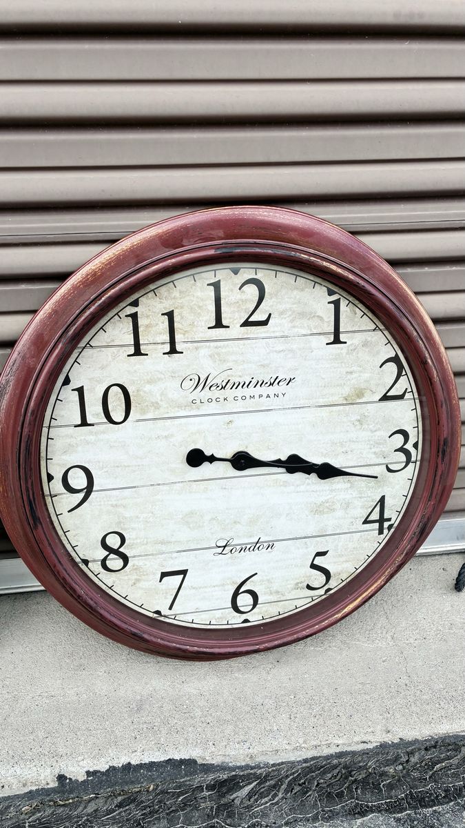 Westminster Clock Company London Wall Clock, Round Red Wood Frame, Farmhouse Style