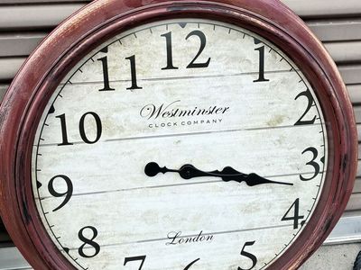 Westminster Clock Company London Wall Clock, Round Red Wood Frame, Farmhouse Style
