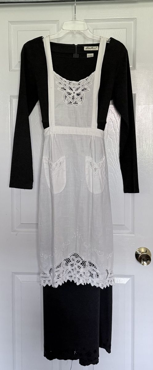 Eddie Bauer Black Long Sleeve Maxi Dress with White Lace Apron Vintage Style Size M