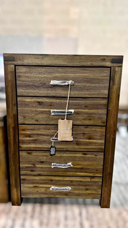 SOLID ACACIA WOOD CHEST – TALL 5-DRAWER – RUSTIC LUXURY