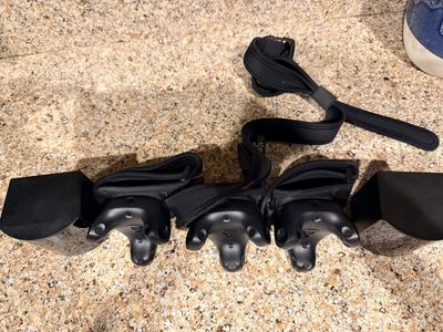 (3) Vive 3.0 Full Body Tracking for VR + (2) Vive 2.0 Base Stations. Base station cords + (2) Ankle straps and (1) Hip strap.