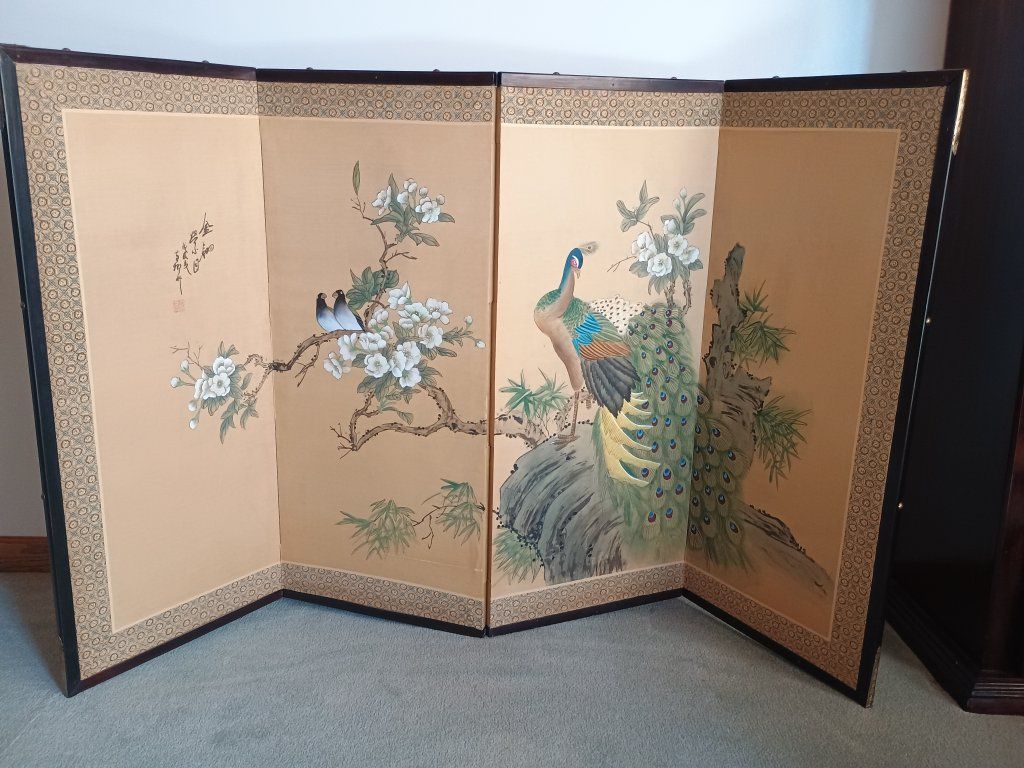 Vintage 4-Panel Japanese Folding Screen with Hand-Painted Peacock and Floral Art