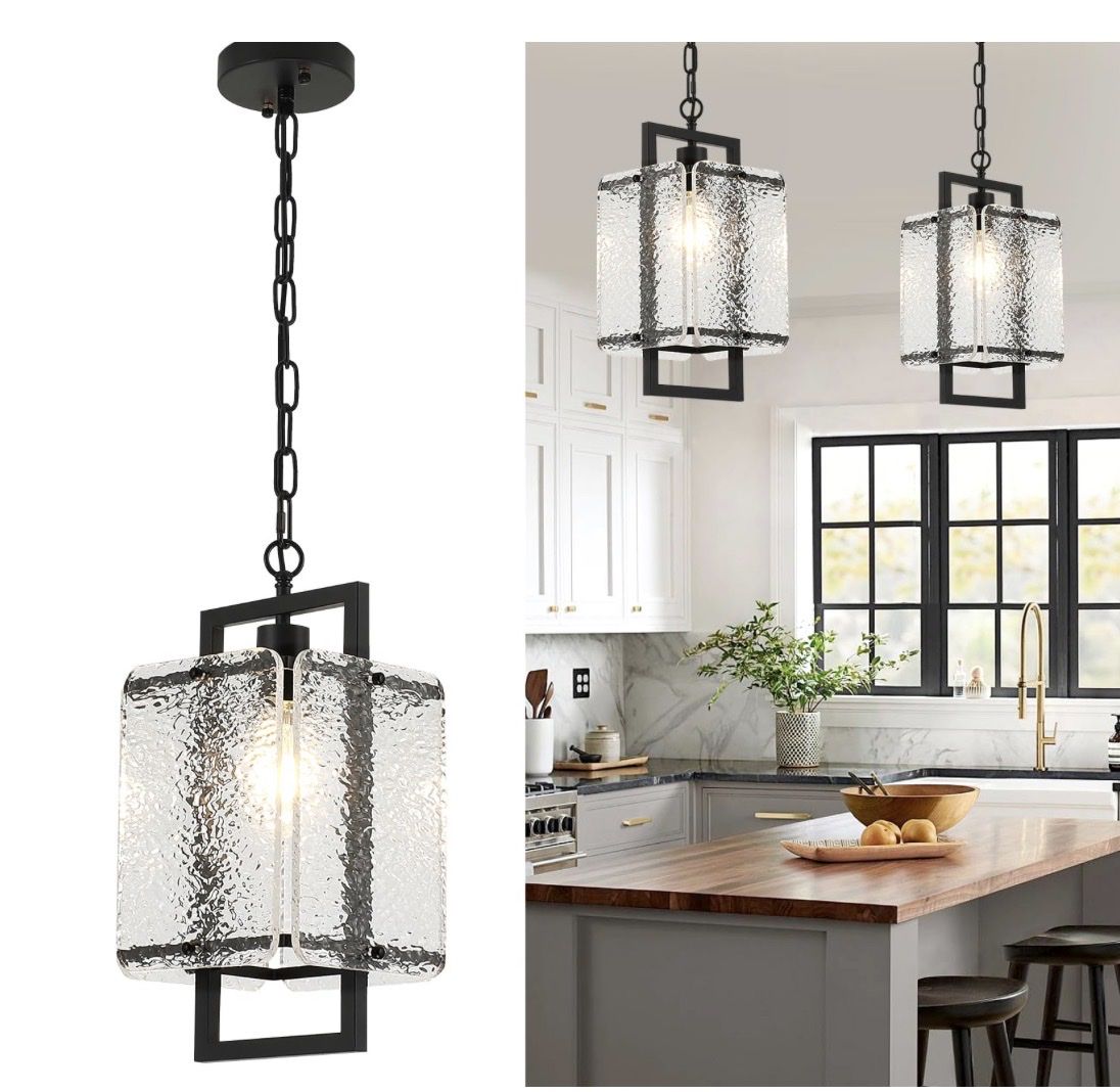 Modern Farmhouse Black Pendant Light Fixture with Water Ripple Acrylic Shade - E26 Base, Adjustable
