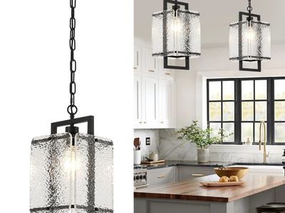 Modern Farmhouse Black Pendant Light Fixture with Water Ripple Acrylic Shade - E26 Base, Adjustable