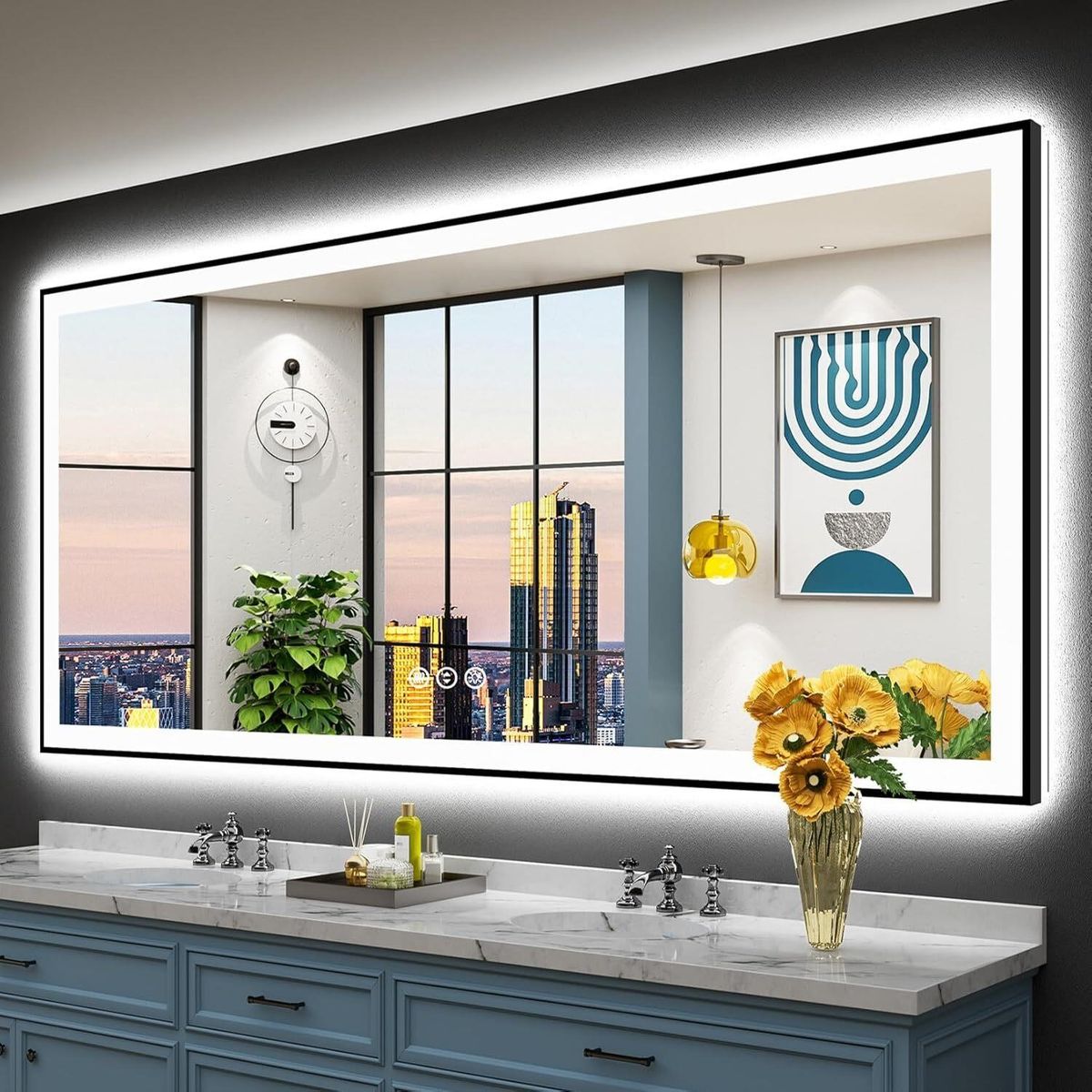 Brand New - 88x38in Black Framed LED Bathroom Mirror