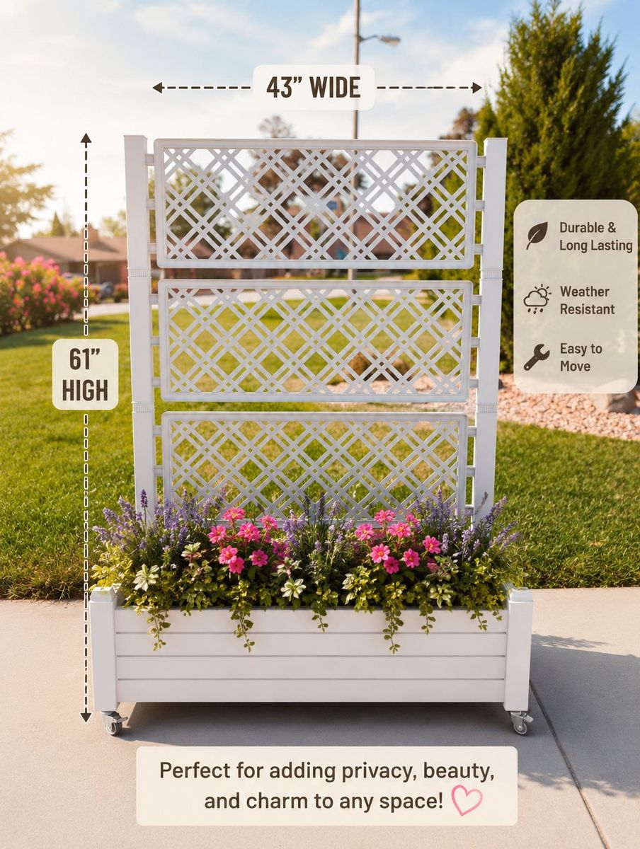 White Wood Planter Box with Trellis on Wheels - 43" W x 61" H, Durable, Weather Resistant