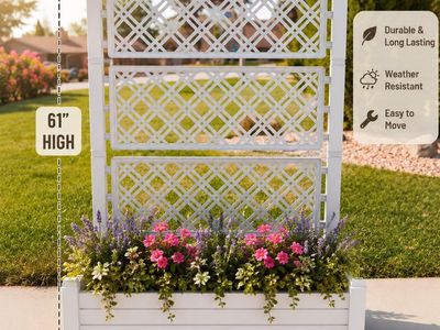 White Wood Planter Box with Trellis on Wheels - 43" W x 61" H, Durable, Weather Resistant