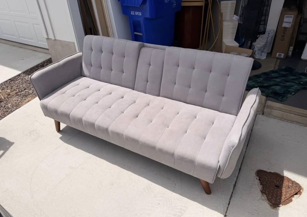 Convertible Futon Sofa Bed - Light Gray Fabric Tufted Sleeper with Wooden Legs