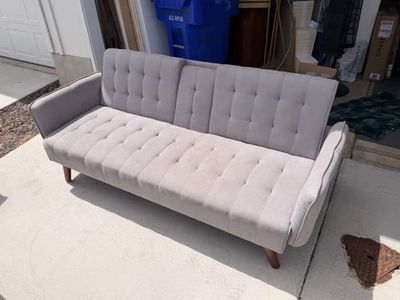 Convertible Futon Sofa Bed - Light Gray Fabric Tufted Sleeper with Wooden Legs