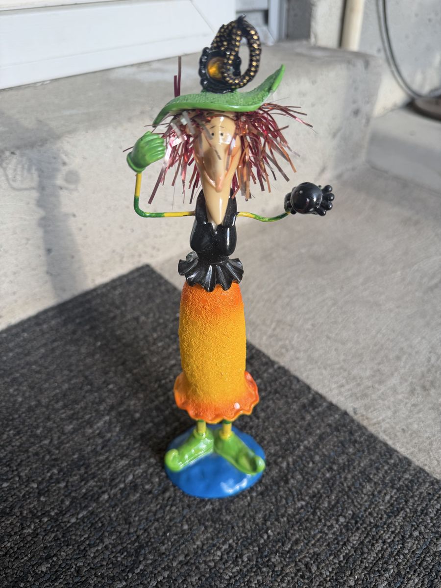 Whimsical Halloween Witch Figurine with Tinsel Hair and Spider Accent - Approx 10 Inches