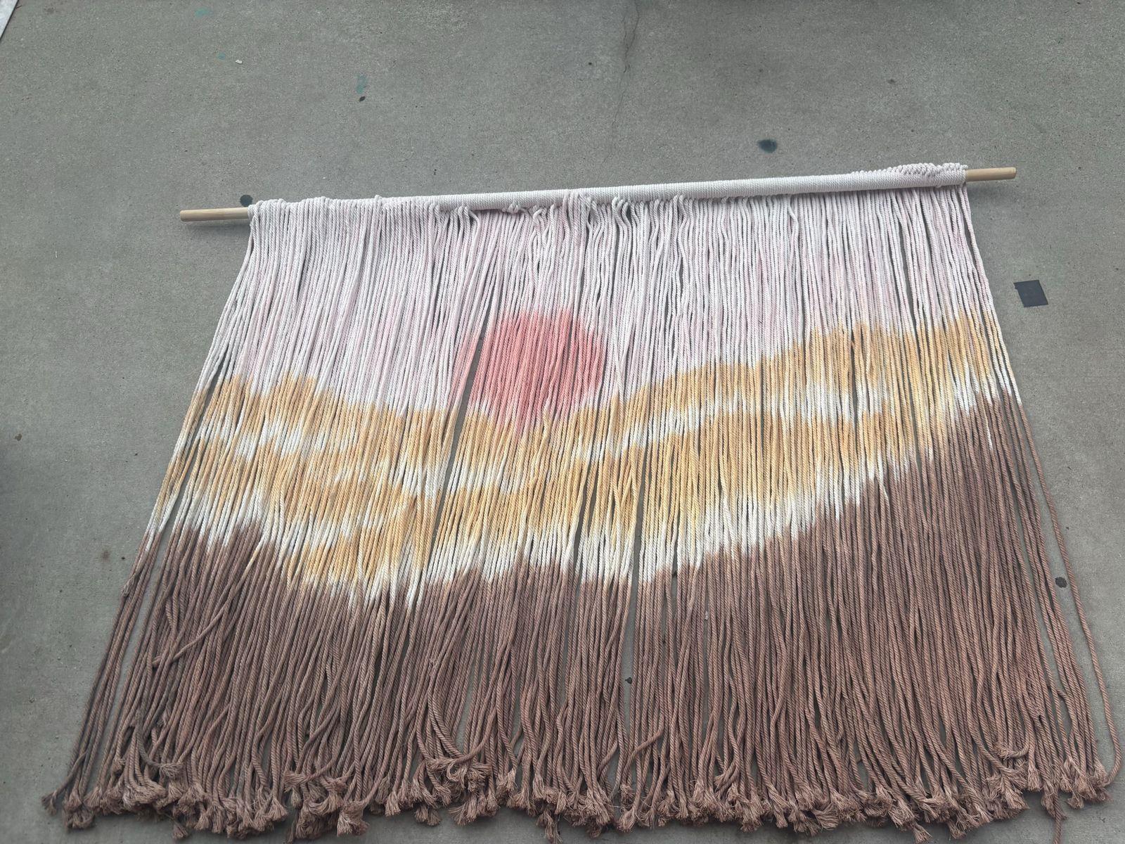 Handmade Macrame Wall Hanging - Sunset/Sunrise Dip-Dyed Fiber Art with Wooden Dowel