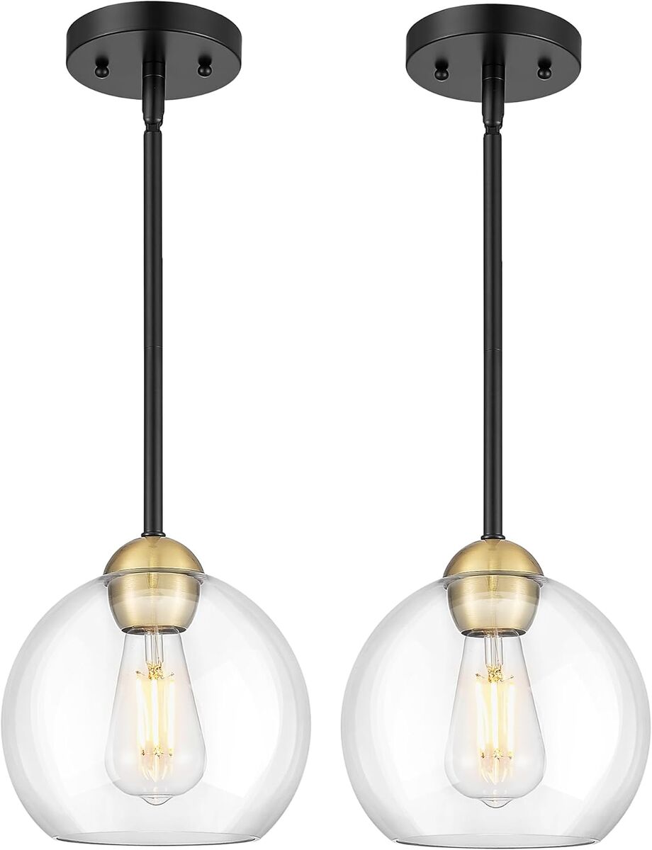 8" Globe Black Gold Modern Glass Pendant Lights for Kitchen Island - 2 Pack