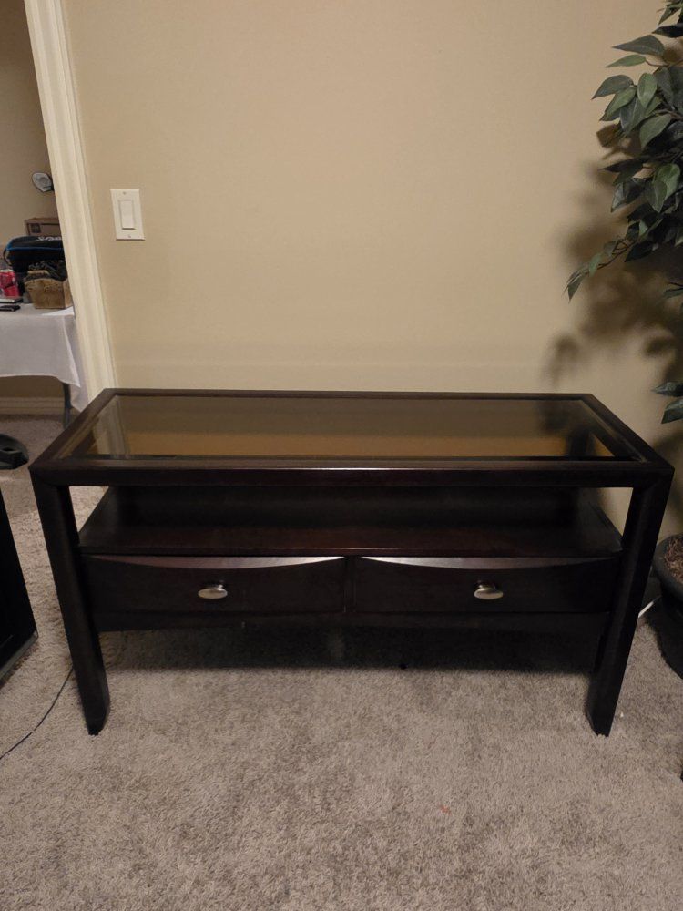 Dark Wood TV Stand Console with Glass Top and 2 Drawers
