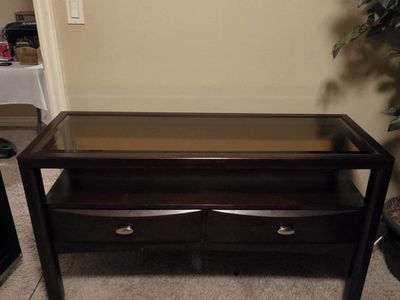 Dark Wood TV Stand Console with Glass Top and 2 Drawers