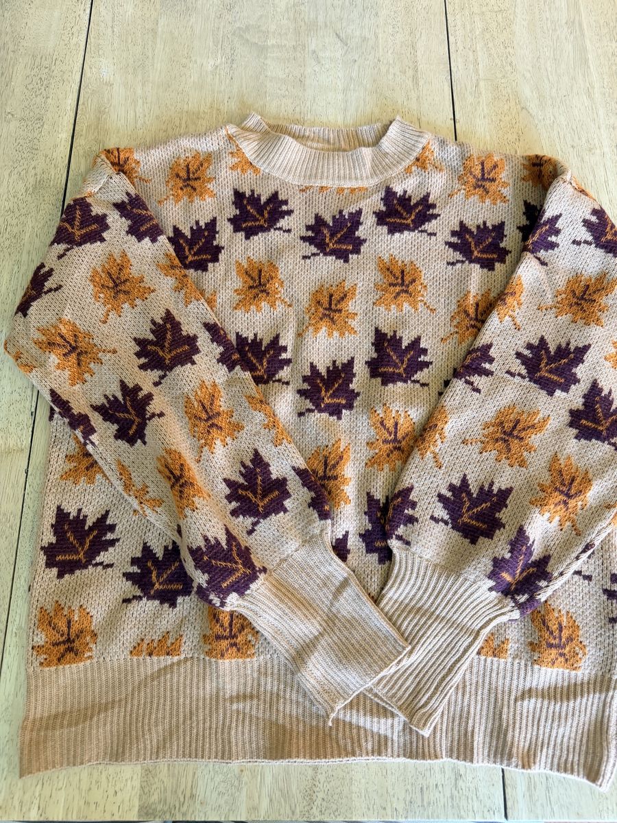 Women's Autumn Leaf Knit Crewneck Sweater tan Size XL