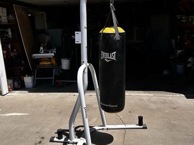 Boxing bag stand and gloves