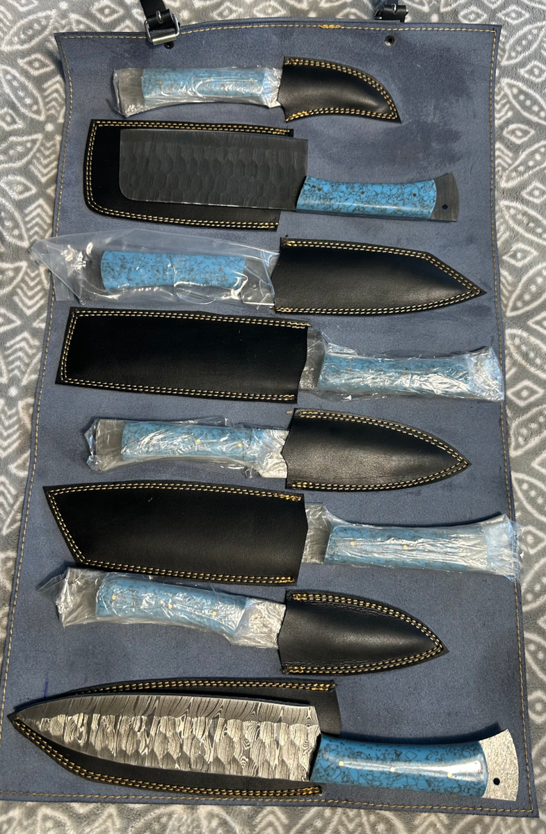Kitchen Chef Set, 8 pc, Hammered Damascus, Turquoise Handle Leather Roll Sheath