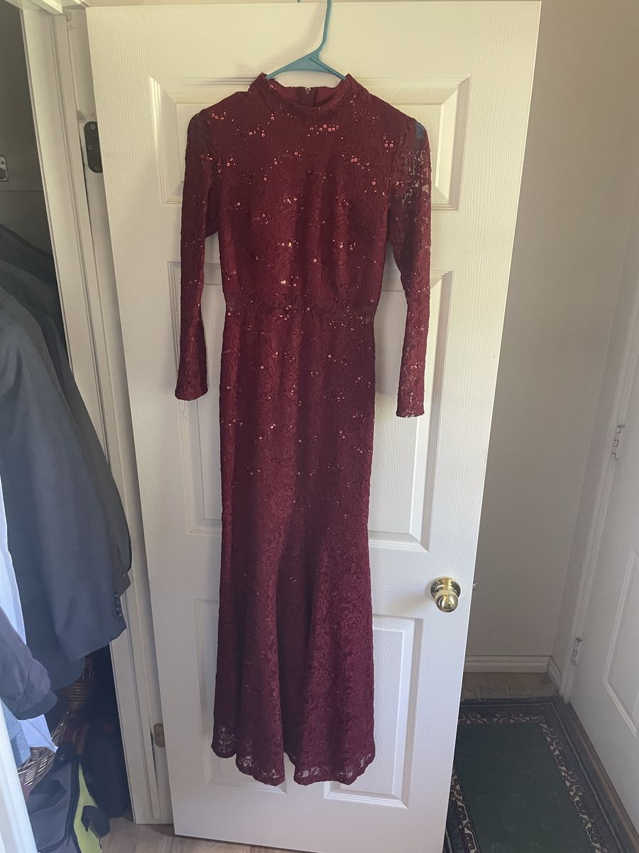 Maroon Sequin Lace Long Sleeve Mock Neck Formal Gown - Size 4