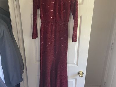 Maroon Sequin Lace Long Sleeve Mock Neck Formal Gown - Size 4