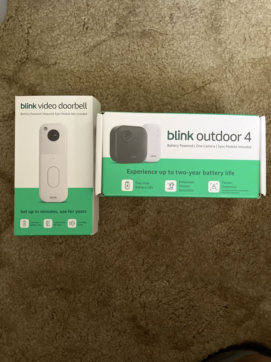 New Blink Video Doorbell & Outdoor 4 Camera Security System - Battery Powered, 2-Year Battery Life