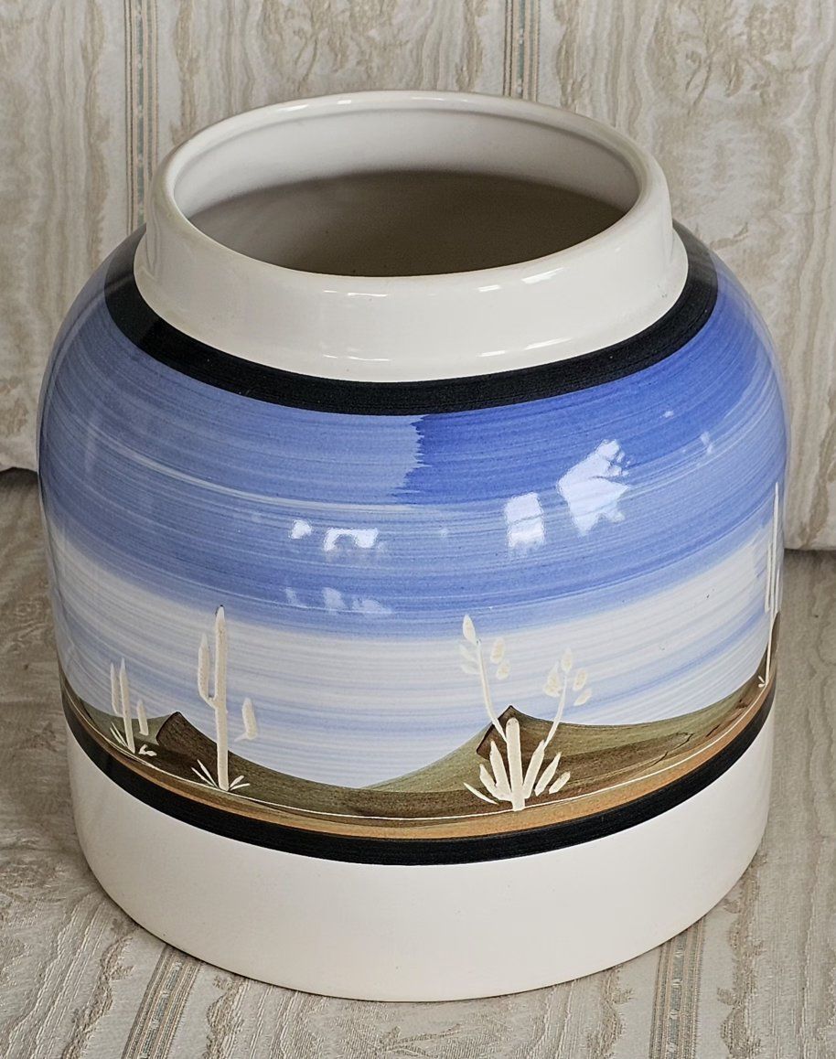 Vintage Hand-Painted Desert Scene Ceramic Water Cooler Crocks, White, Blue, Brown 10"Tx6.5"Opening
Can be used as a Planter.