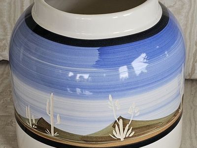 Vintage Hand-Painted Desert Scene Ceramic Water Cooler Crocks, White, Blue, Brown 10"Tx6.5"Opening
Can be used as a Planter.