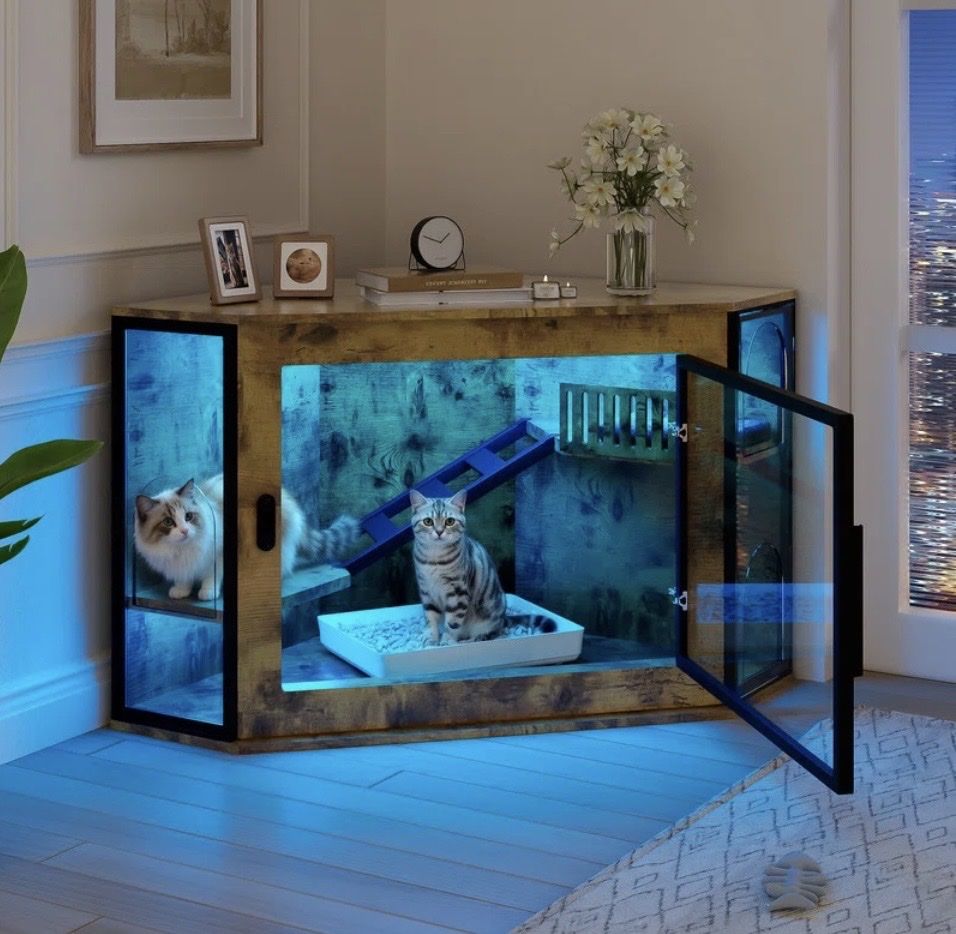 Corner Cat Litter Box Enclosure Cabinet with LED