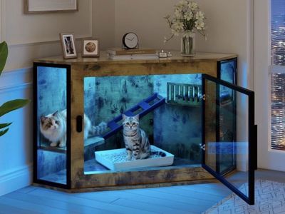 Corner Cat Litter Box Enclosure Cabinet with LED
