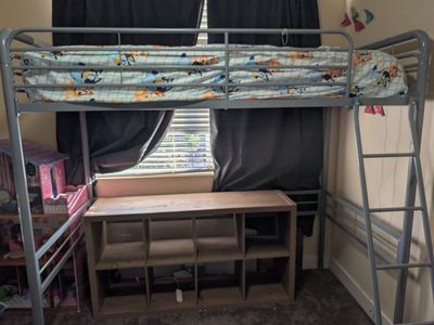 Gray Metal Twin Loft Bed Frame with Ladder and Safety Rails includes mattress