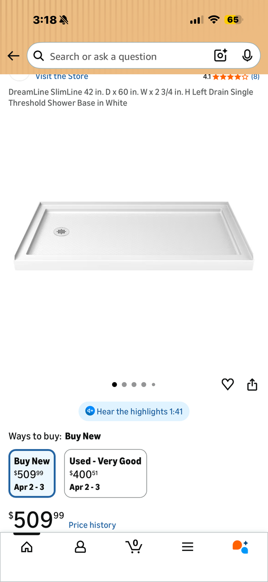 DreamLine SlimLine 42 in. D x 60 in. W Left Shower Base in White -crack in corner