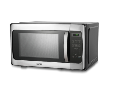 New in Box Commercial Chef 1.1 Cu. Ft. 1000W Countertop Microwave Oven, Silver/Black