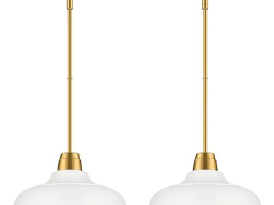 2 Pack - 12" Matte White & Gold Hanging Pendant Lights