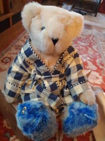 Vermont Teddy Bear with blue check bathrobe and slippers
