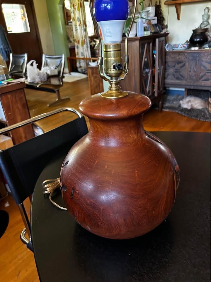 Artist Signed Beautiful one of a kind Mid Century Modern Burl Walnut Table Lamp