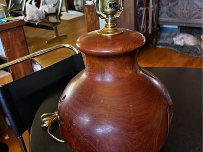 Artist Signed Beautiful one of a kind Mid Century Modern Burl Walnut Table Lamp