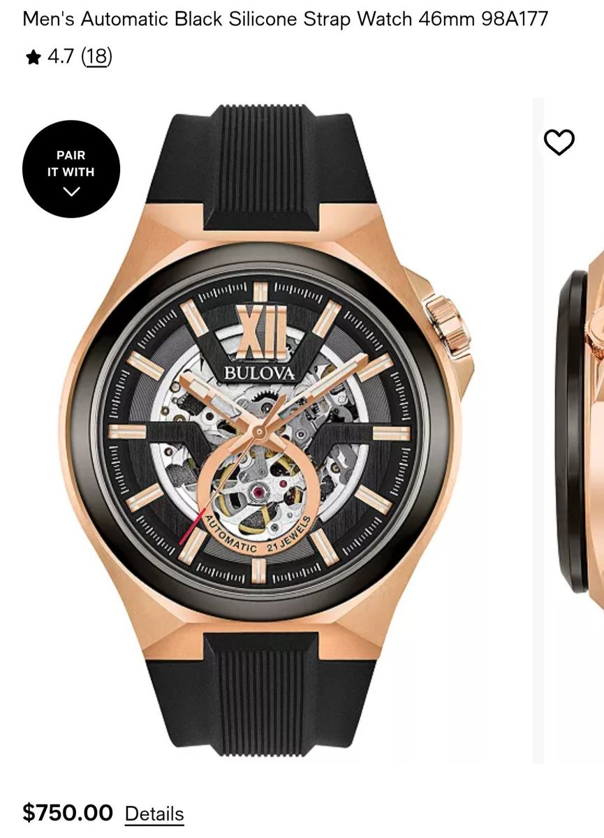 Bulova Men's Automatic Rose Gold Skeleton Watch 46mm 98A177 Black Silicone Strap