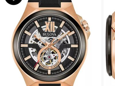 Bulova Men's Automatic Rose Gold Skeleton Watch 46mm 98A177 Black Silicone Strap