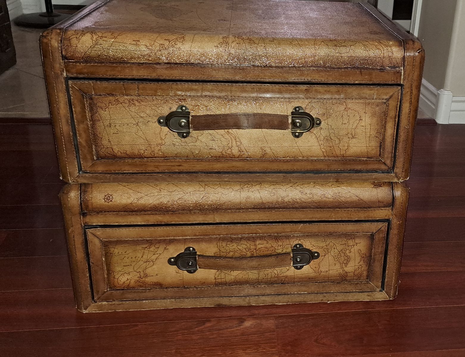 Vintage World Map Leather Trim Stackable Drawer Set