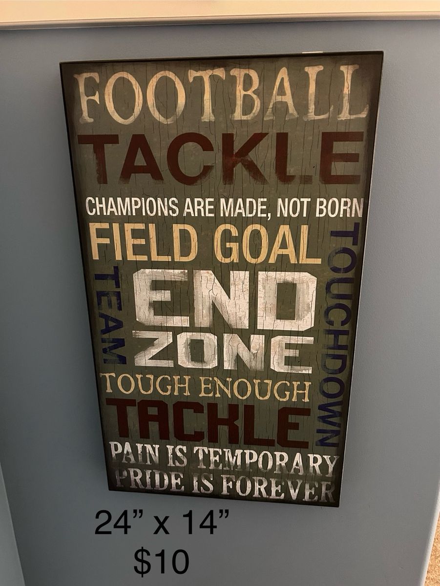 Football Tackle Wall Art Decor 24" x 14" and Sports Themed Door Hanger