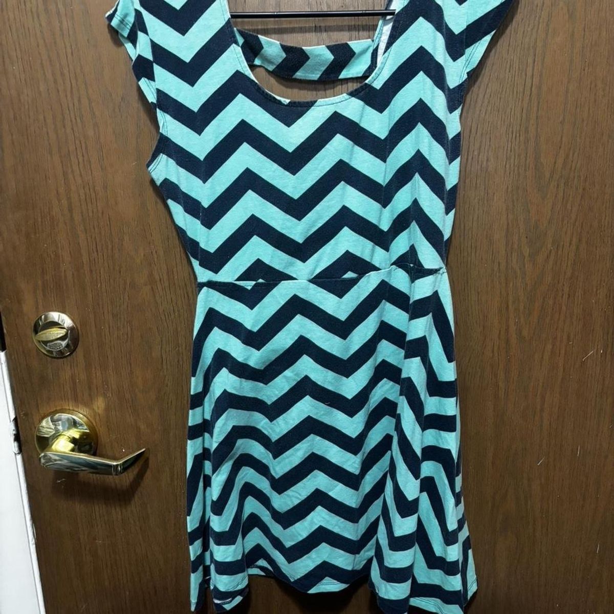 Chevron Blue/Black Sleeveless Dress - Women's Large with Cut-out Back Detail