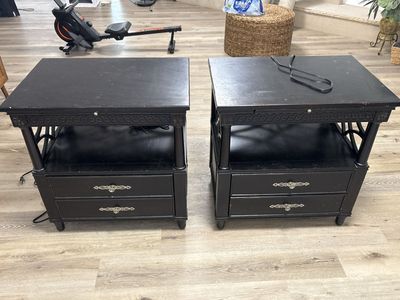 Used Black Wood End Tables (Set of 2) with Storage and Decorative Trim