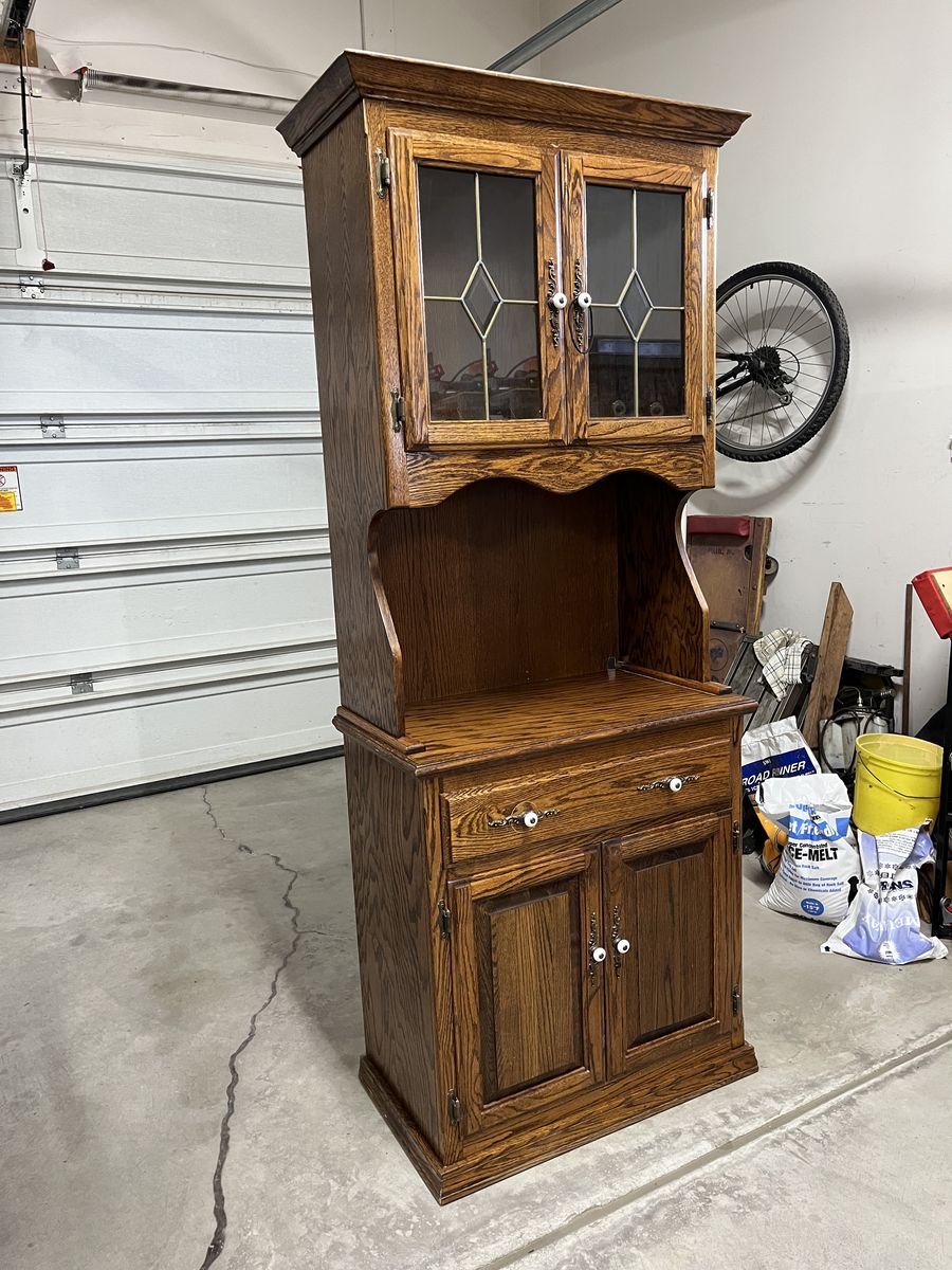 Vintage Oak Wood China Cabinet Hutch with Leaded Glass Doors - 2-Door Storage Display