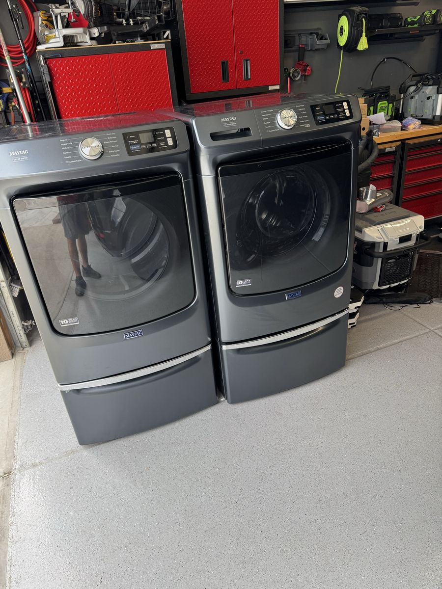 Maytag Pet Pro front load washer and gas dryer with Pedestals, midnight steel color