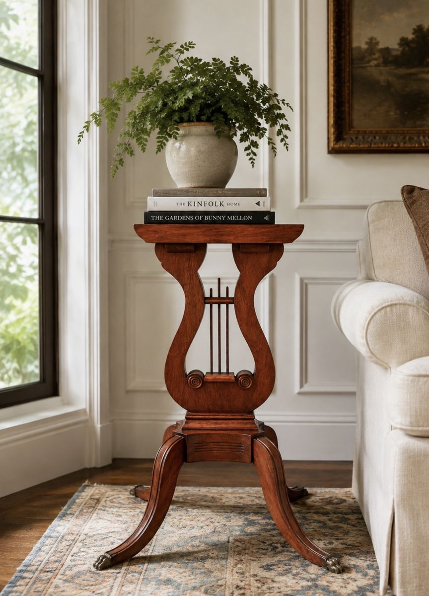 Vintage Wooden Lyre Base pedestal.  -Brass lion's paw feet -26”T