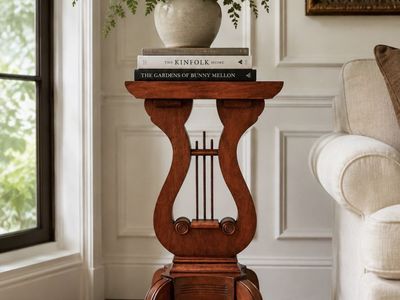 Vintage Wooden Lyre Base pedestal. -Brass lion's paw feet -26”T